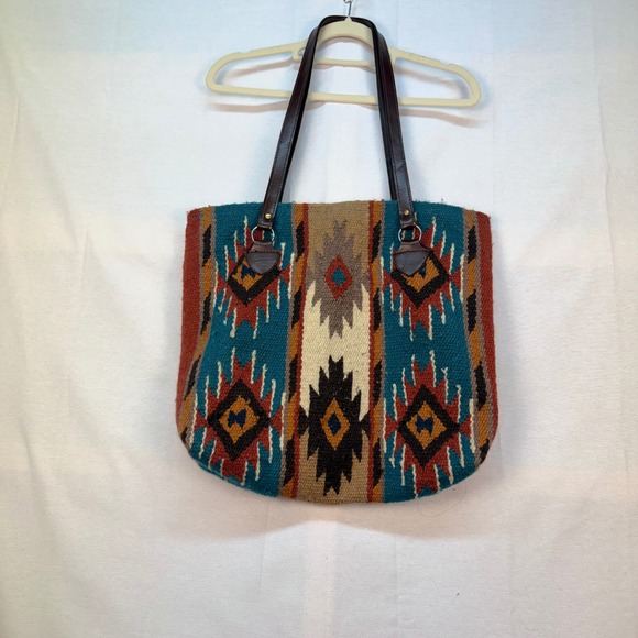 El Paso Saddleblanket Co. Handbags - El Paso Saddleblanket Co Southwestern Wool Tote Bag Teal Rust Geometric Zipper